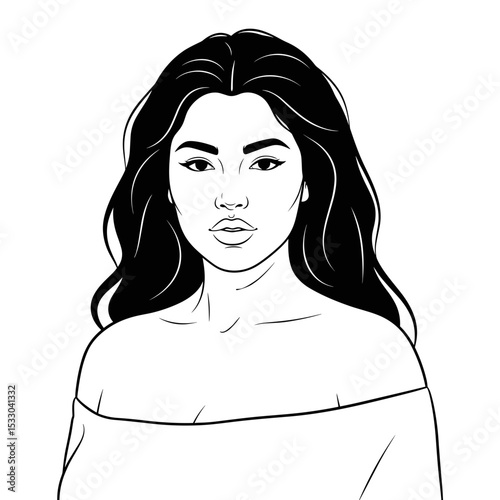 A portrait of a confident woman with long, wavy hair in a simple line art style