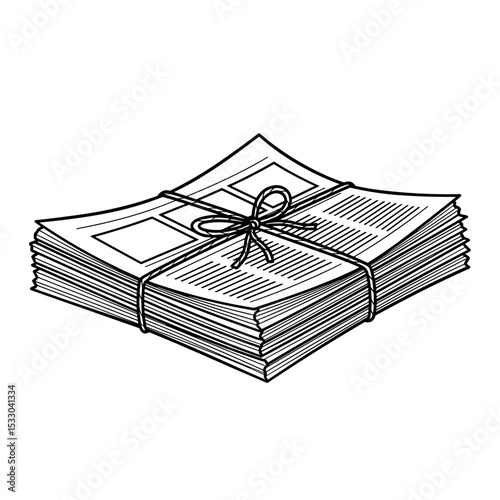 A bundle of newspapers tied with a string in a simple line art style