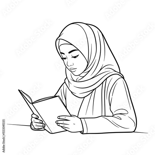 A Muslim woman reading a book while wearing a hijab in a simple line art style