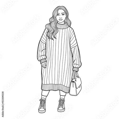 A plus-size woman wearing an oversized sweater dress and holding a handbag in a simple line art style
