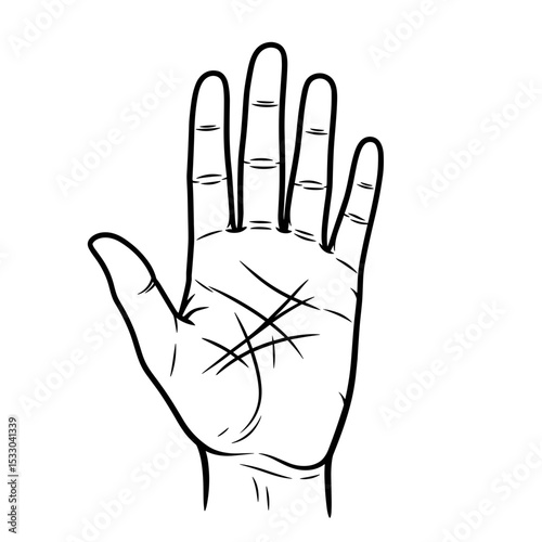 A detailed illustration of a hand with visible lines on the palm in a simple line art style
