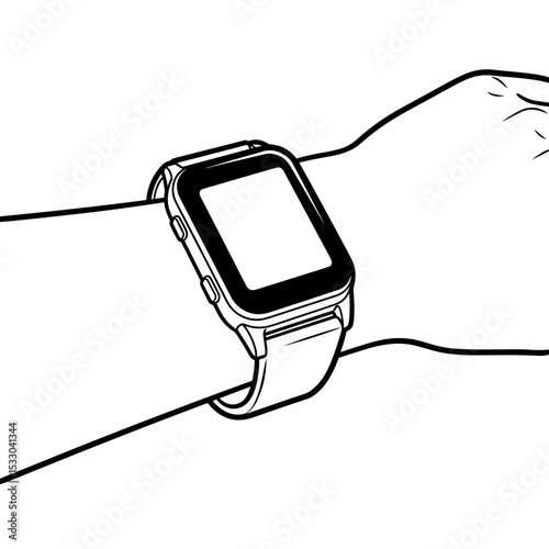 A simple line art illustration of a smartwatch on a wrist with a blank screen