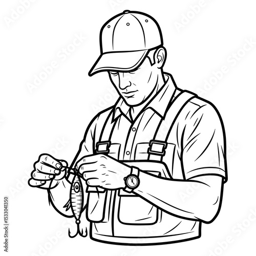 The fisherman prepares the bait in a simple linear style.