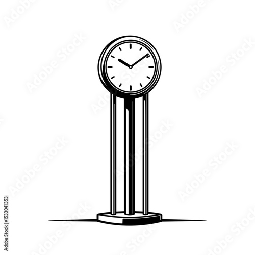 A simple line art illustration of a tall standing clock with a round face
