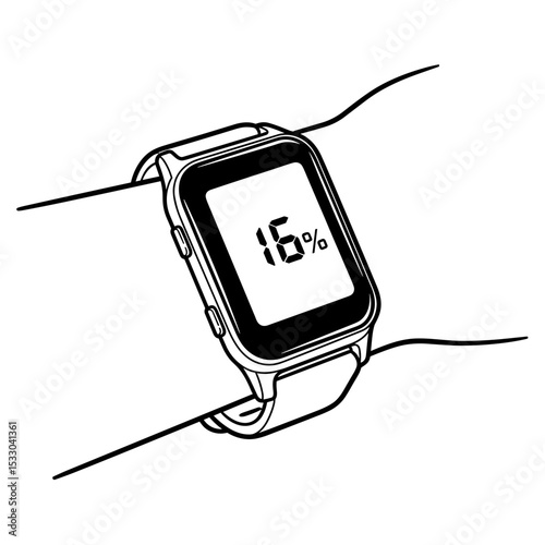 A close-up of a smartwatch displaying a battery percentage of 16% on the screen in a simple line art style
