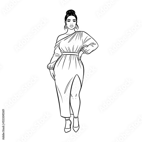A plus-size model posing confidently in a stylish dress in a simple line art style