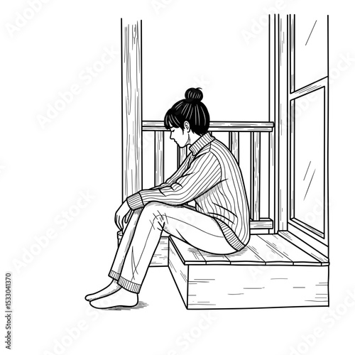 A young person sitting on a porch, looking pensive and contemplative in a simple line art style

