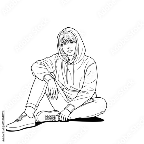 A young person sitting cross-legged in a hoodie, looking contemplative in a simple line art style