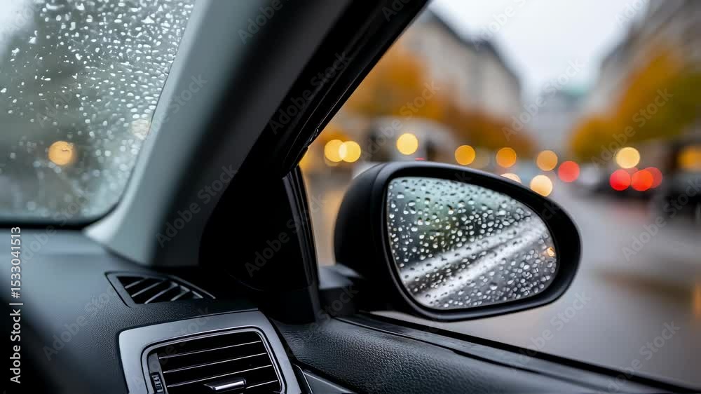 A car is seen navigating through a rainy city street. Raindrops cover the side mirror, creating a beautiful effect of blurred lights and reflections from nearby buildings and vehicles