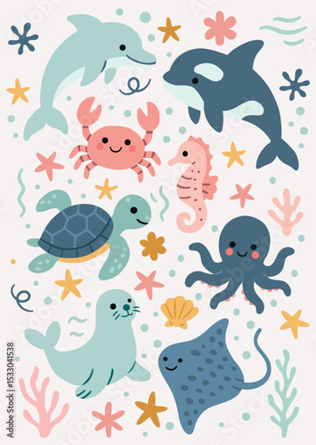 Set of sea animals ilustrations, cute style design, with sea elements 
