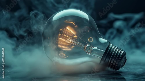 A glowing light bulb lays on a surface, surrounded by ethereal smoke. The illumination contrasts with the darkness, enhancing the mysterious ambiance. The dynamic scene captivates with energy