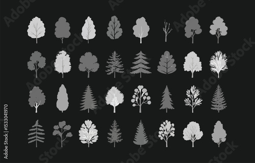 Collection of gray scale tree silhouettes
