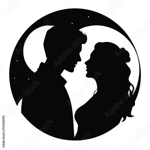 Silhouette of a couple facing each other inside a crescent moon with starry background in black and white created with generated ai