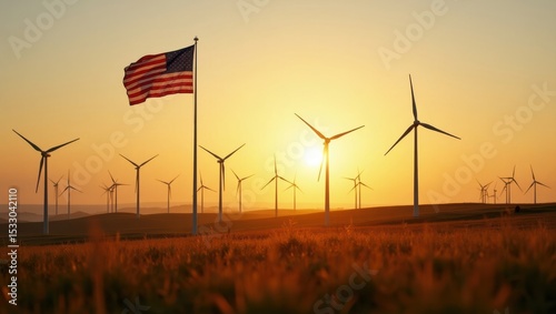 Wind turbines on a hill at sunset with the U.S. flag in the foreground, symbolizing American renewable energy and clean power progress