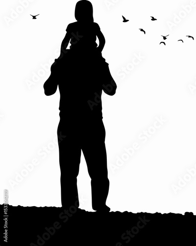 Silhouette of a father with a child on his shoulders watching birds flying in the sky at daytime view scene created with generated ai