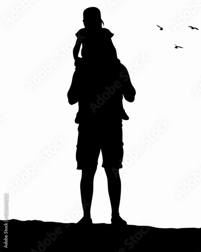 Silhouette of father carrying child on shoulders with birds flying in the background on a white backdrop created with generated ai