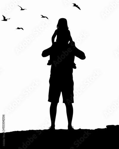 Silhouette of a father with his daughter on his shoulders watching birds fly in the sky together outdoors created with generated ai