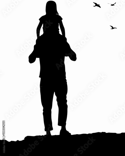 Silhouette of a father carrying his daughter on his shoulders with birds flying in the sky is seen created with generated ai
