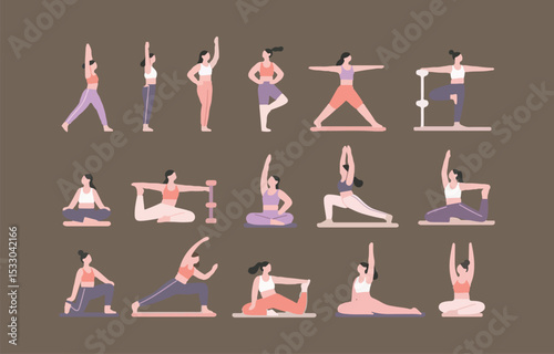 Various women practicing yoga and fitness poses
