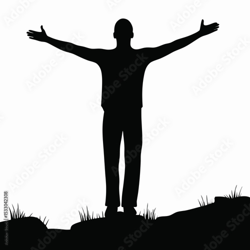 Silhouette of a man standing with arms outstretched against a white background on a grassy hill top view created with generated ai