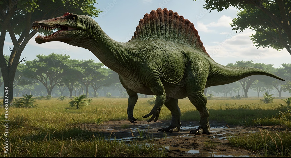 Fototapeta premium Spinosaurus Out of Its Natural Habitat: Struggling to Survive Amid the Vast Savanna