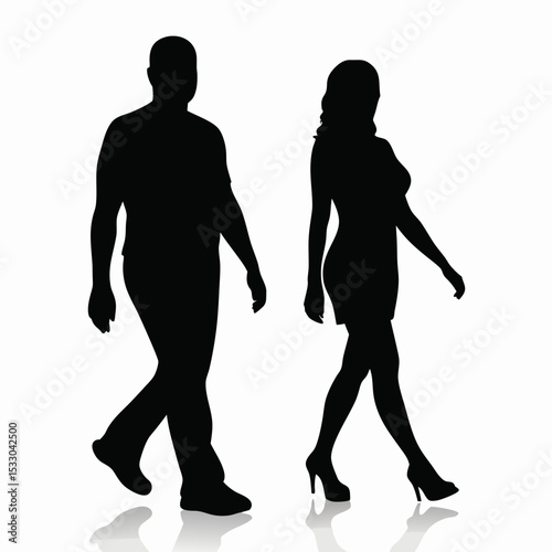 Silhouette of a man and woman walking side by side on a white background with a reflective surface below them created with generated ai