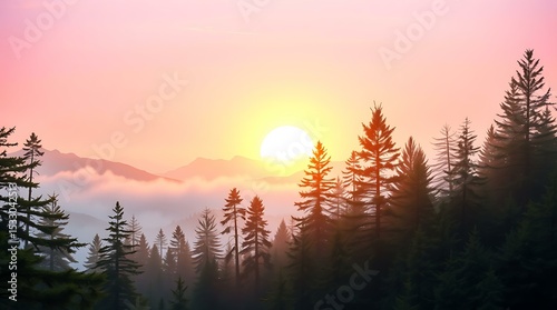 Foggy sunrise over a pine forest and distant mountain peaks
 photo