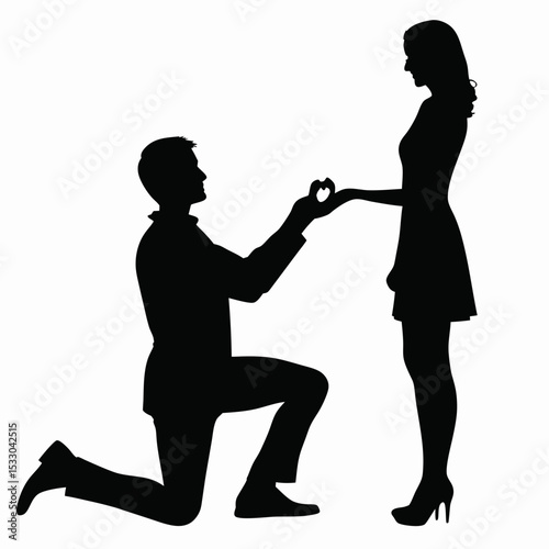 Silhouette of a man proposing to a woman with a heart shaped ring in a romantic and loving scene created with generated ai