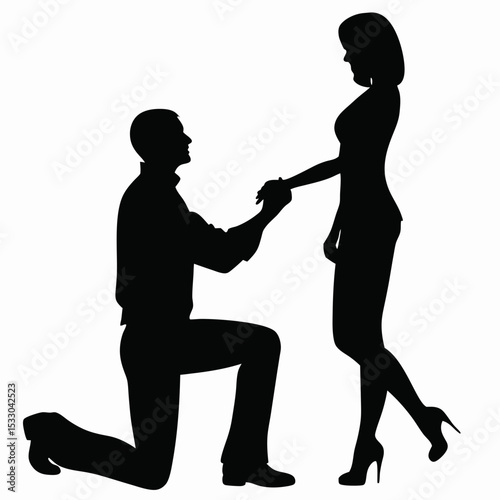 Silhouette of a man proposing to a woman with a ring on bended knee in a romantic gesture scene created with generated ai