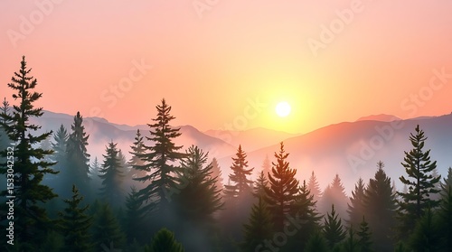 Foggy sunrise over a pine forest and distant mountain peaks
 photo