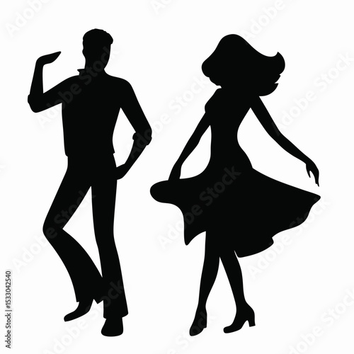 Silhouette of a man in shirt and pants dancing with a woman in dress with flowing hair on white background created with generated ai