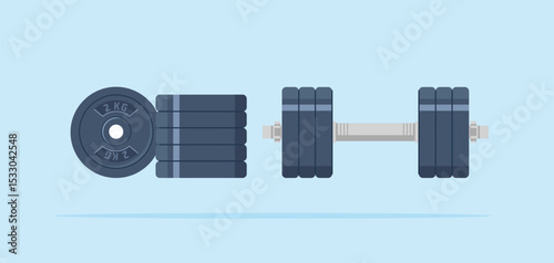 illustration of a set of barbell or dumbbell weights in various shapes and sizes. design for gym, bodybuilding or sports