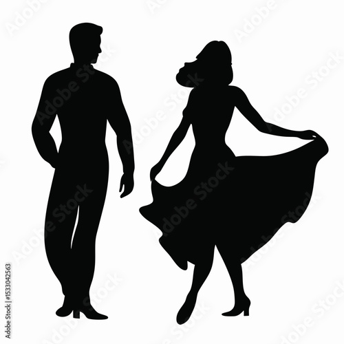 Silhouette of a dancing couple with the woman in a flowing dress and the man in a suit looking at her created with generated ai