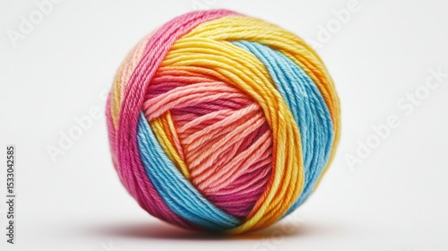 Close up shot of a ball of colorful yarn with pink yellow and blue strands on white backdrop