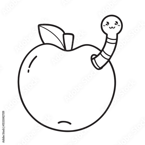 Apple with worm coloring page, simple hand drawn outline drawing, object for educational workbook, for kids, vector illustration 