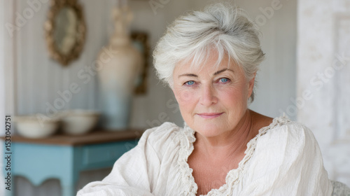 portrait of etiquette expert positioned on right side of frame displaying polite expression