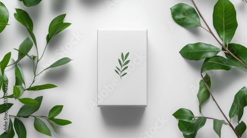 White box with leaf design surrounded by green foliage on a white surface in a flat lay composition