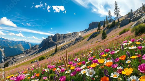 View of wildflowers blooming on an alpine mountain slope
 photo