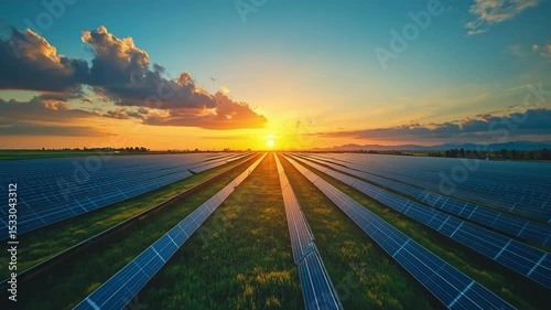 Dramatic sunrise over expansive solar panel fields captures the power of renewable energy in perfect harmony with nature. A cinematic aerial view highlighting sustainability and innovation.