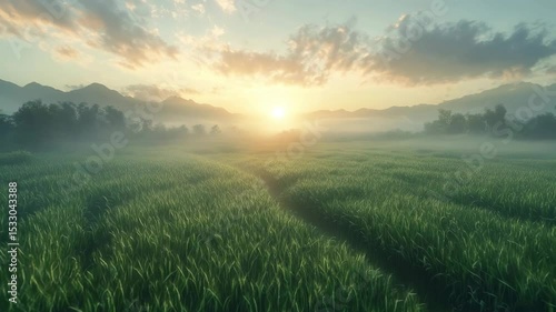 A cinematic aerial view of golden sunrise casting light over misty agrivoltaic wheat fields. The peaceful landscape blends agriculture and renewable energy with natural beauty and calm.