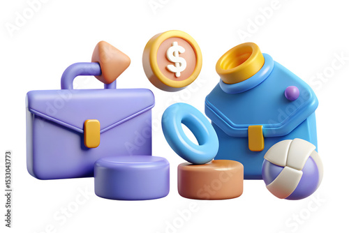 3D investment and finance icon set with percentage, currency and banking symbols on transparent background