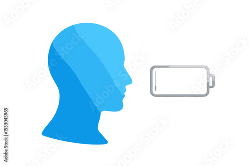 Silhouette of human head with low battery icon symbolizing burnout stress and mental health fatigue
