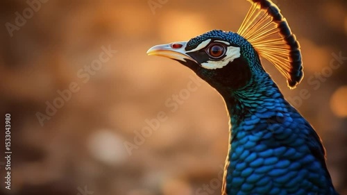 Portrait of a Vibrant Peacock Amidst Warmth Hues Displaying Natural Elegance