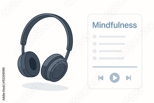 Headphones and mindfulness playlist interface symbolizing meditation audio for mental health and calm
