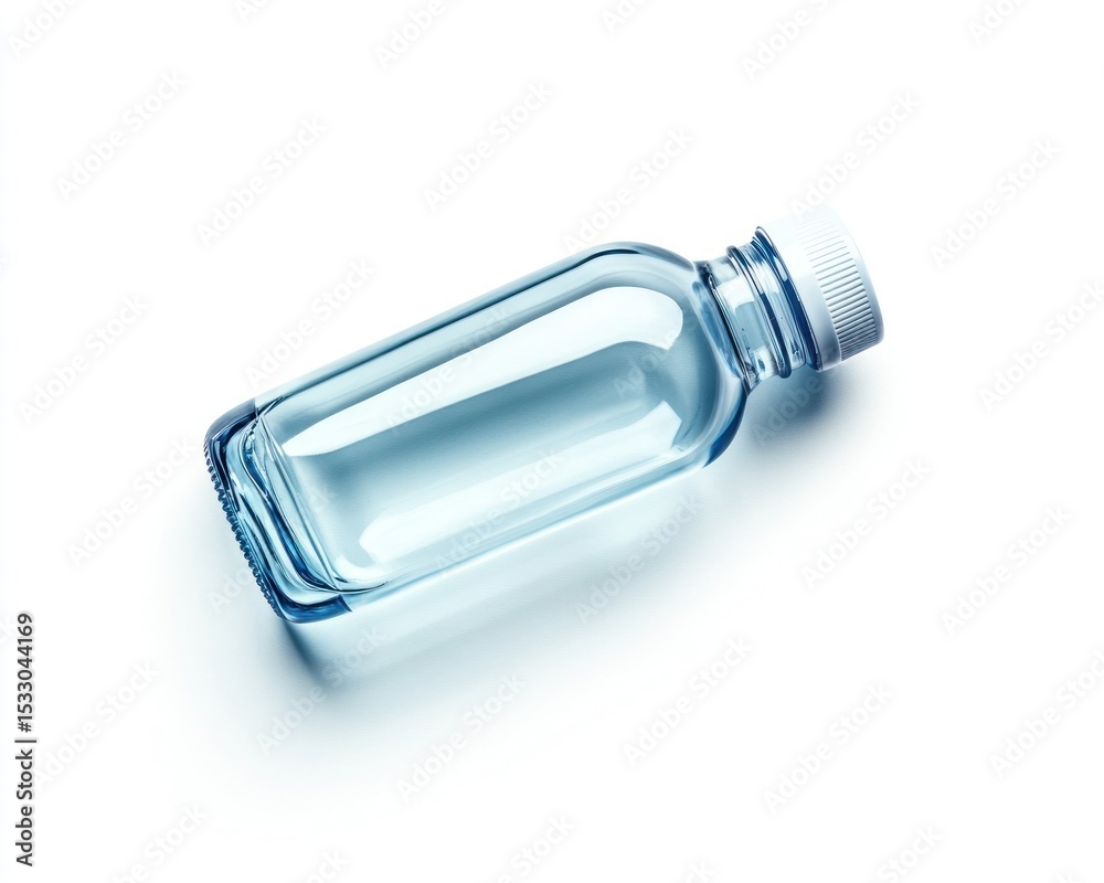 A clear glass bottle with a white cap filled with a light blue liquid lying on its side on white A clear glass bottle with a white cap filled with a light blue liquid lying on its side on white