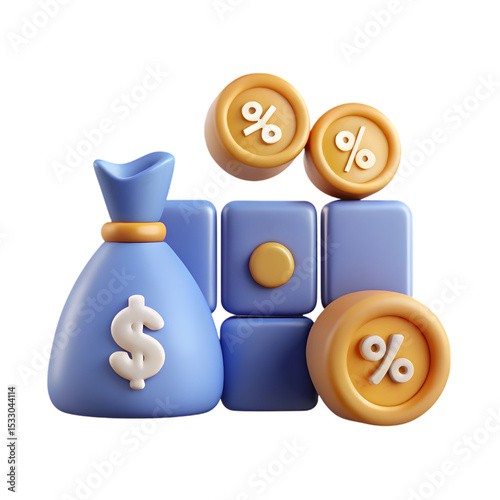 3D investment and finance icon set with percentage, currency and banking symbols on transparent background