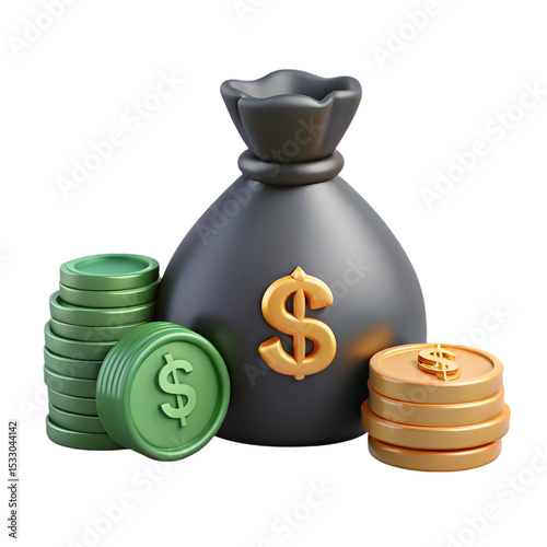 3D investment and finance icon set with percentage, currency and banking symbols on transparent background