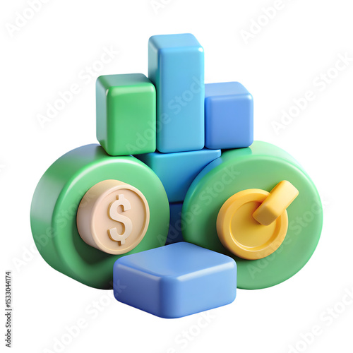 3D investment and finance icon set with percentage, currency and banking symbols on transparent background