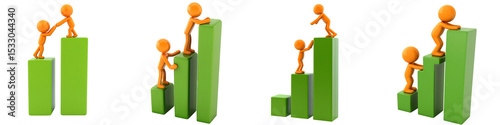 3D Stick Figures Helping on Green Growth Bar Graphs on Transparent Background

