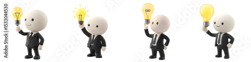 3D Egg-Shaped Businessmen with Glowing Idea Light Bulbs on Transparent Background

